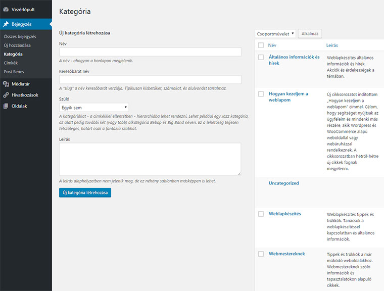 kategória létrehozása wordpressben